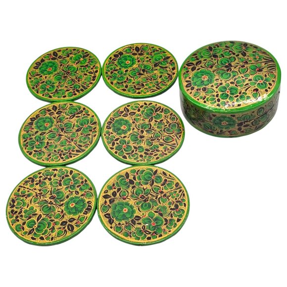 Paper Mache Green Floral Coaster Set Of 6 Storage Box Lacquered Hand Painted - Picture 6 of 15